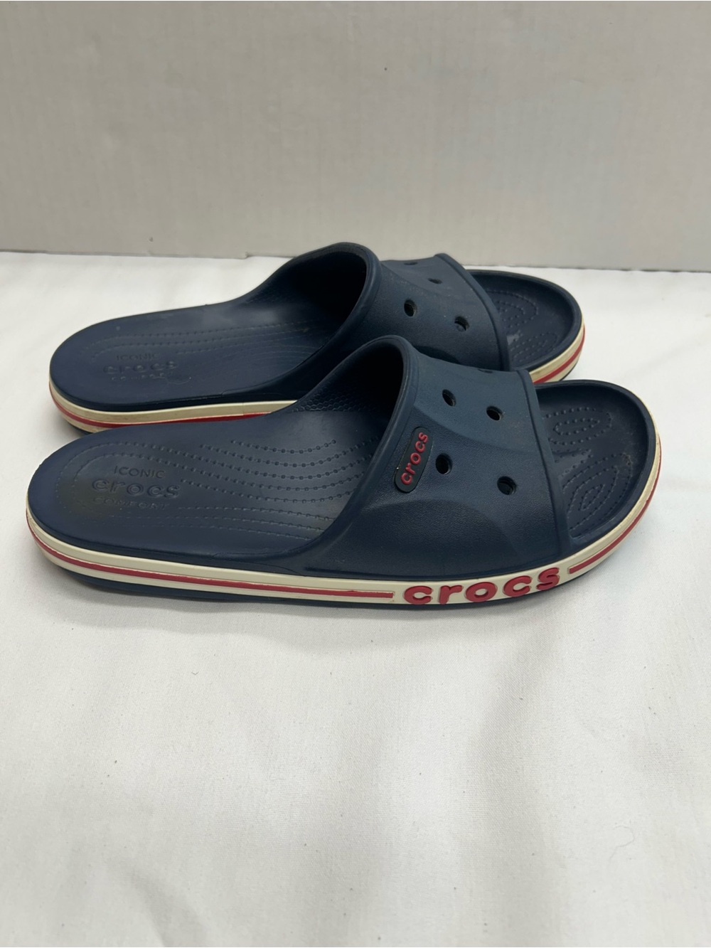 Crocs Bayaband Slide Navy Blue Red White Men 8 Women 10 Sport Comfort Sandal